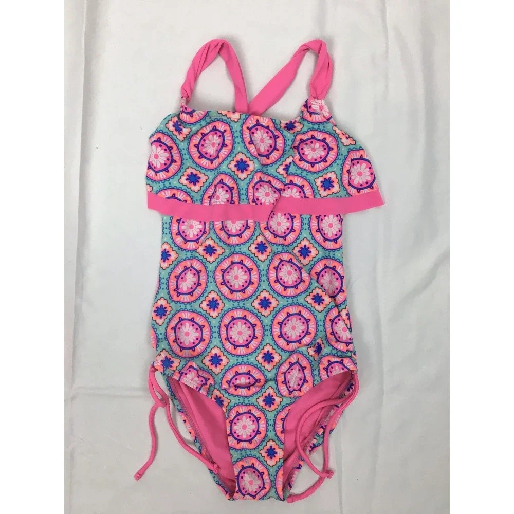 Justice Girl Size 10 Pink Blue One Piece Swimsuit Side Ties Ruffle‎